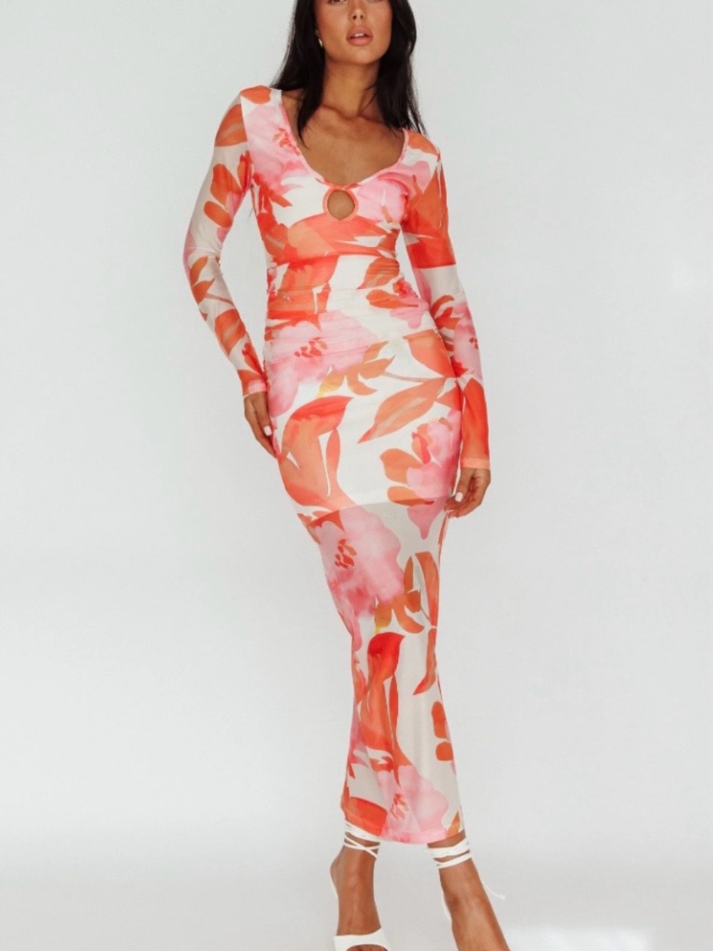 Selfie Leslie Floral Ring-Front Long Sleeve Midi Dress